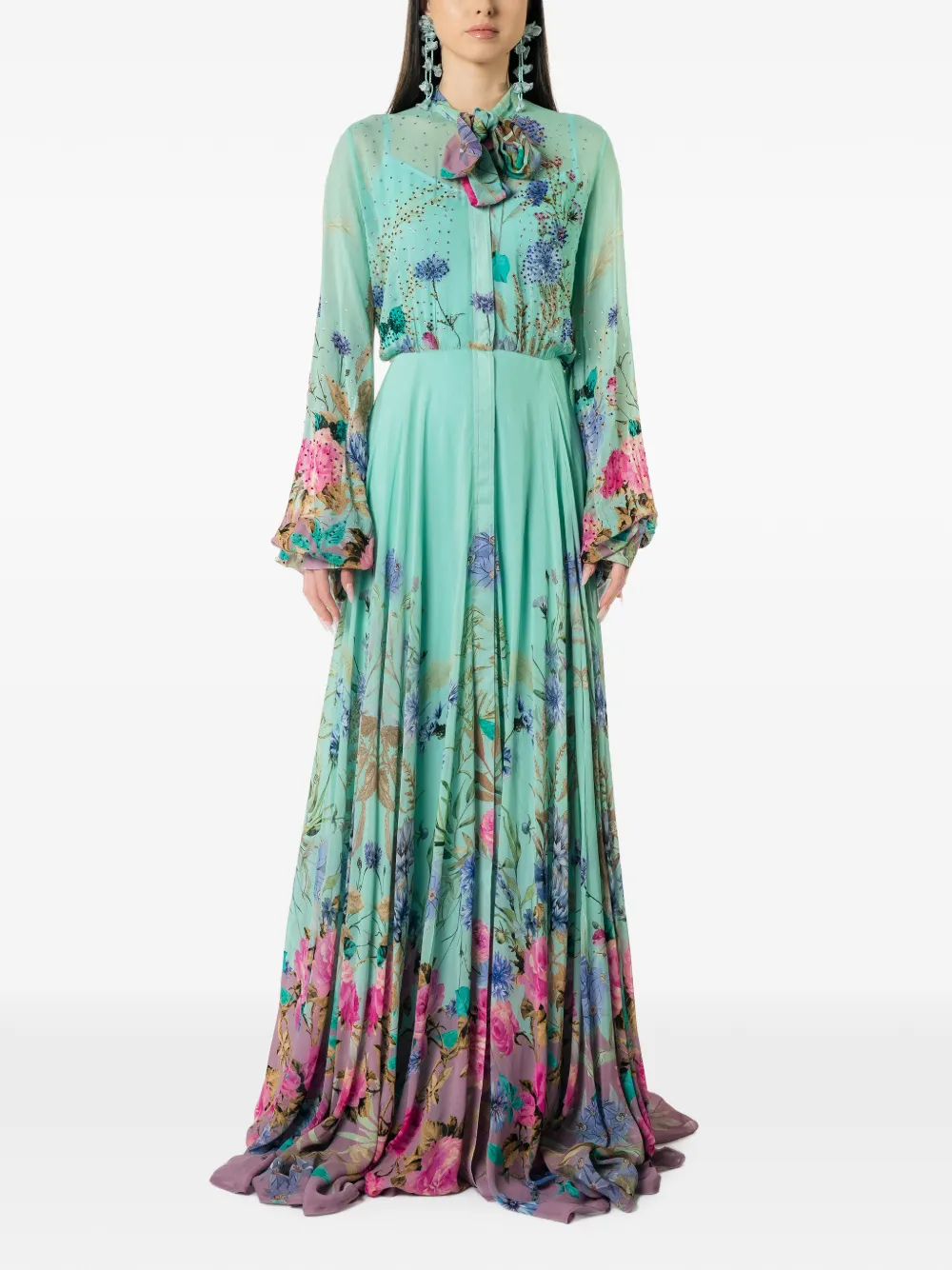MIAU by Clara Rotescu floral-print pussy-bow maxi dress - Blu