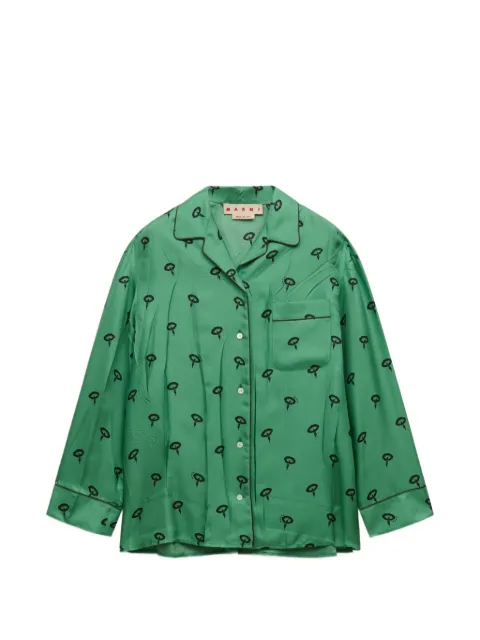 Marni green silk twill pajama shirt with floral print
