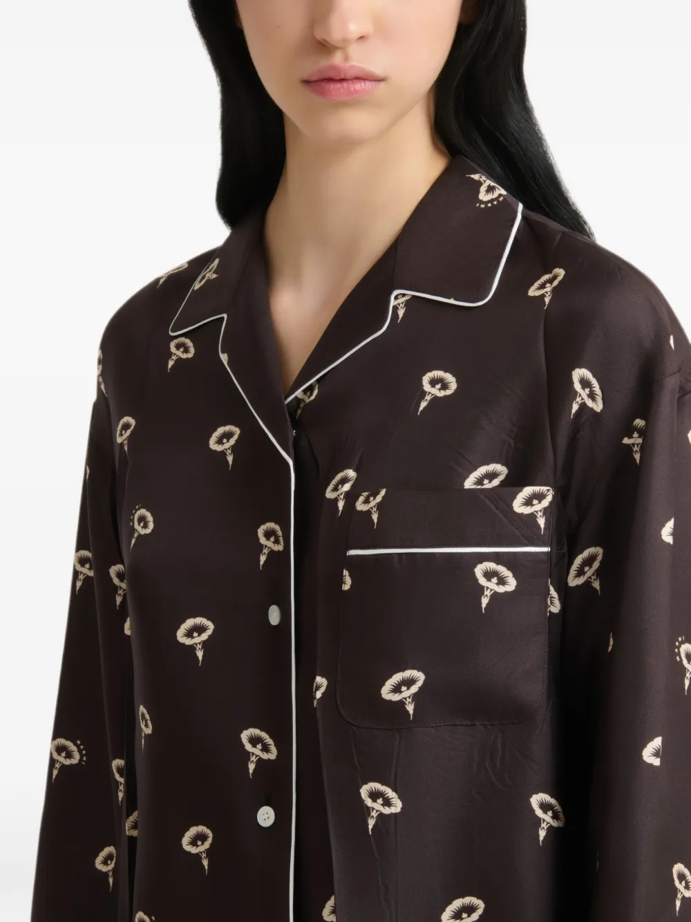 Marni Bruine zijden twill pyjamashirt met bloemenprint