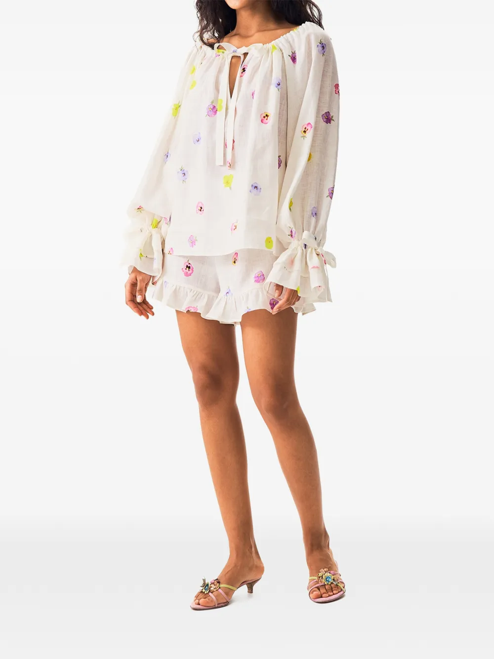 Sleeper Shorts met bloemenprint en ruches Beige