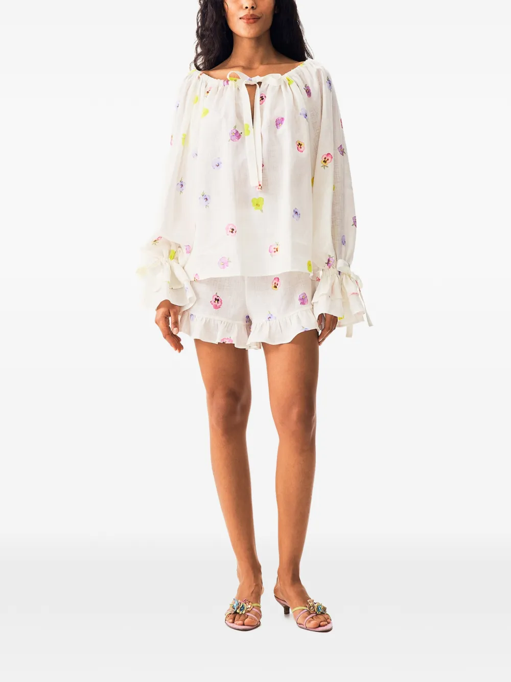 Sleeper Shorts met bloemenprint en ruches Beige