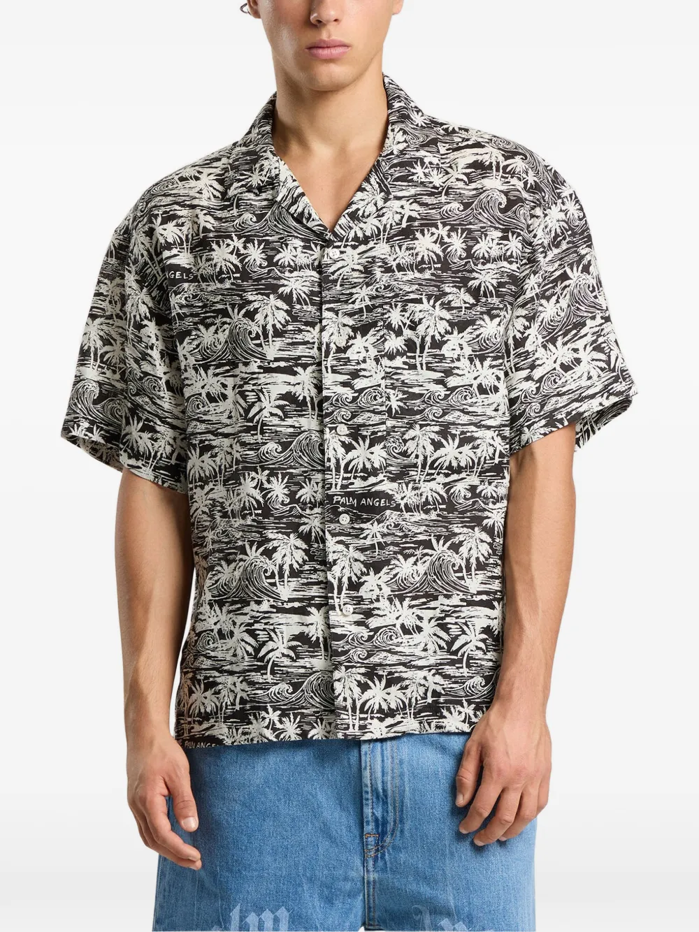 Palm Angels Palm Waves linnen bowlingshirt Zwart