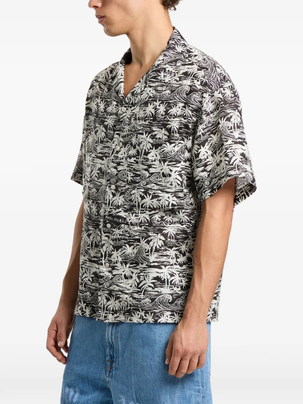 Palm Angels Palm Waves linnen bowlingshirt Zwart