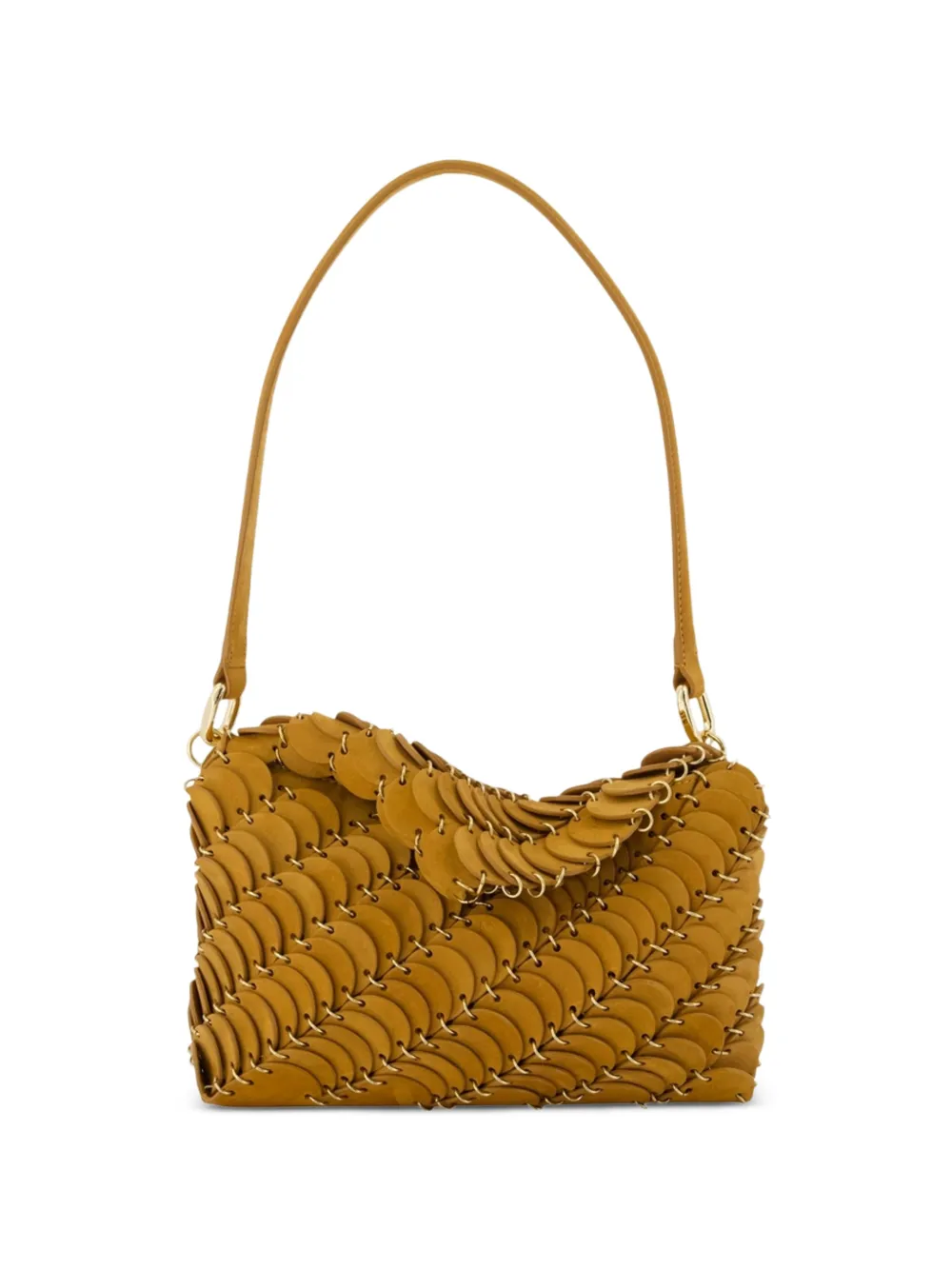 Rabanne disc-embellished suede shoulder bag - Marrone