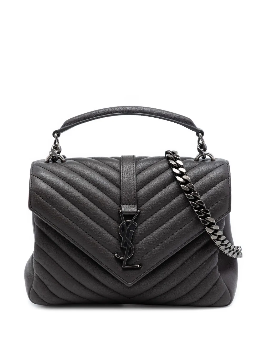 Saint Laurent Pre-Owned Borsa a tracolla College media in pelle di pecora con monogramma e motivo chevron 2018 - Marrone