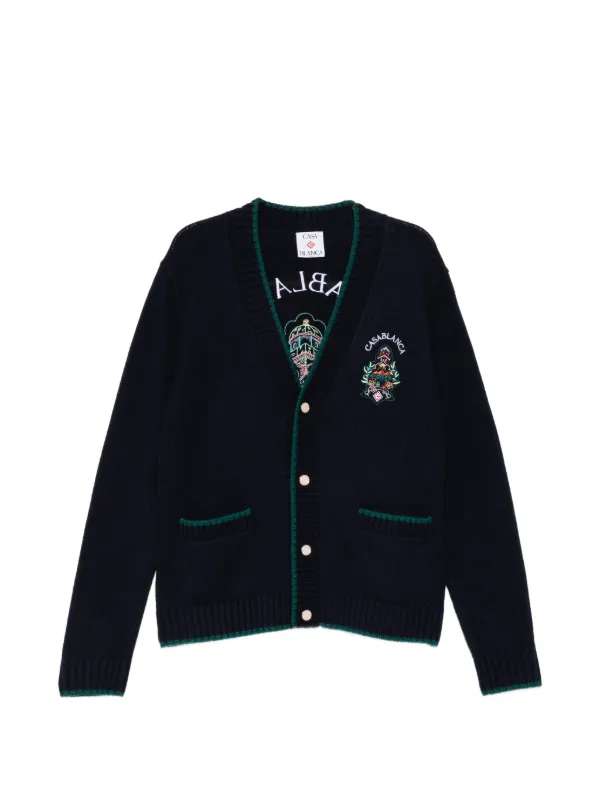 Casablanca Hotel Emblem Embroidered Wool Cardigan in Blue