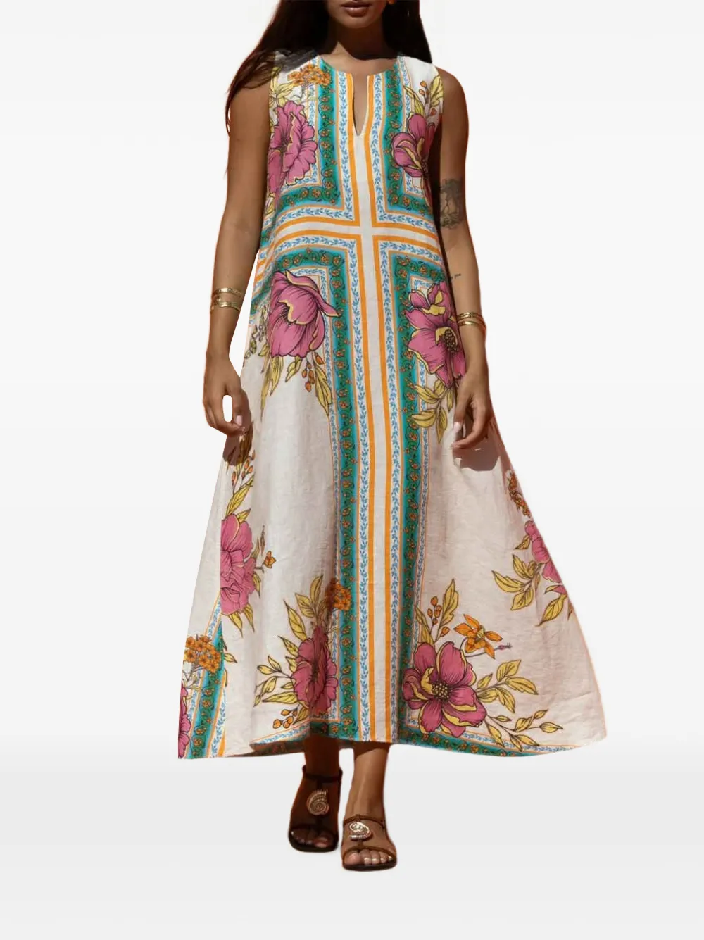 NEMA Amalfi Tide floral-print sleeveless maxi dress - Neutrals