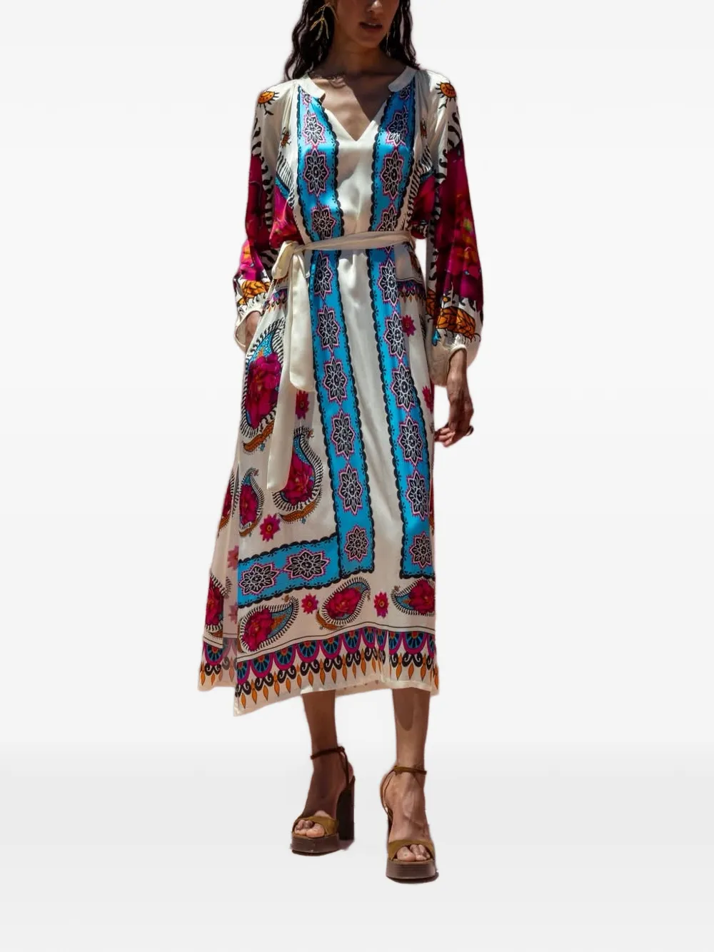 NEMA Freya midi-jurk met paisley-print en ceintuur Beige