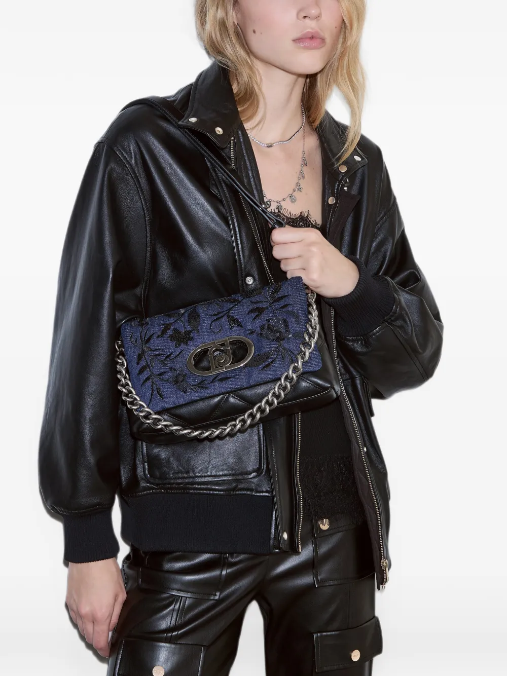 LIU JO Medium LaPuffy denim tas met borduurwerk Zwart