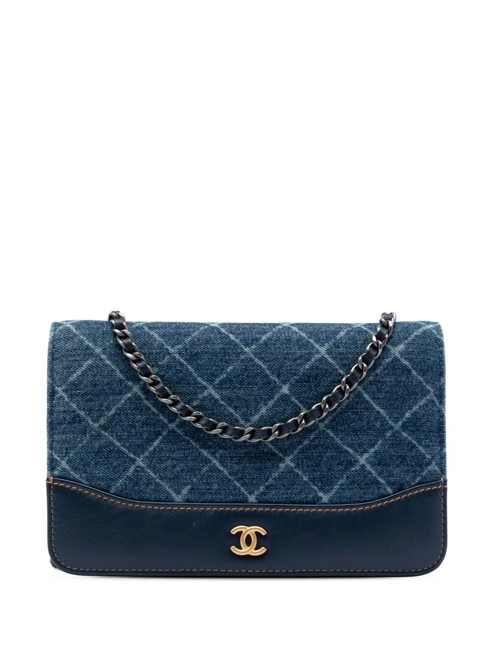 Pre-owned Chanel 2018 Printed Denim And Calfskin Gabrielle Wallet On Chain Crossbody Bag In Blue