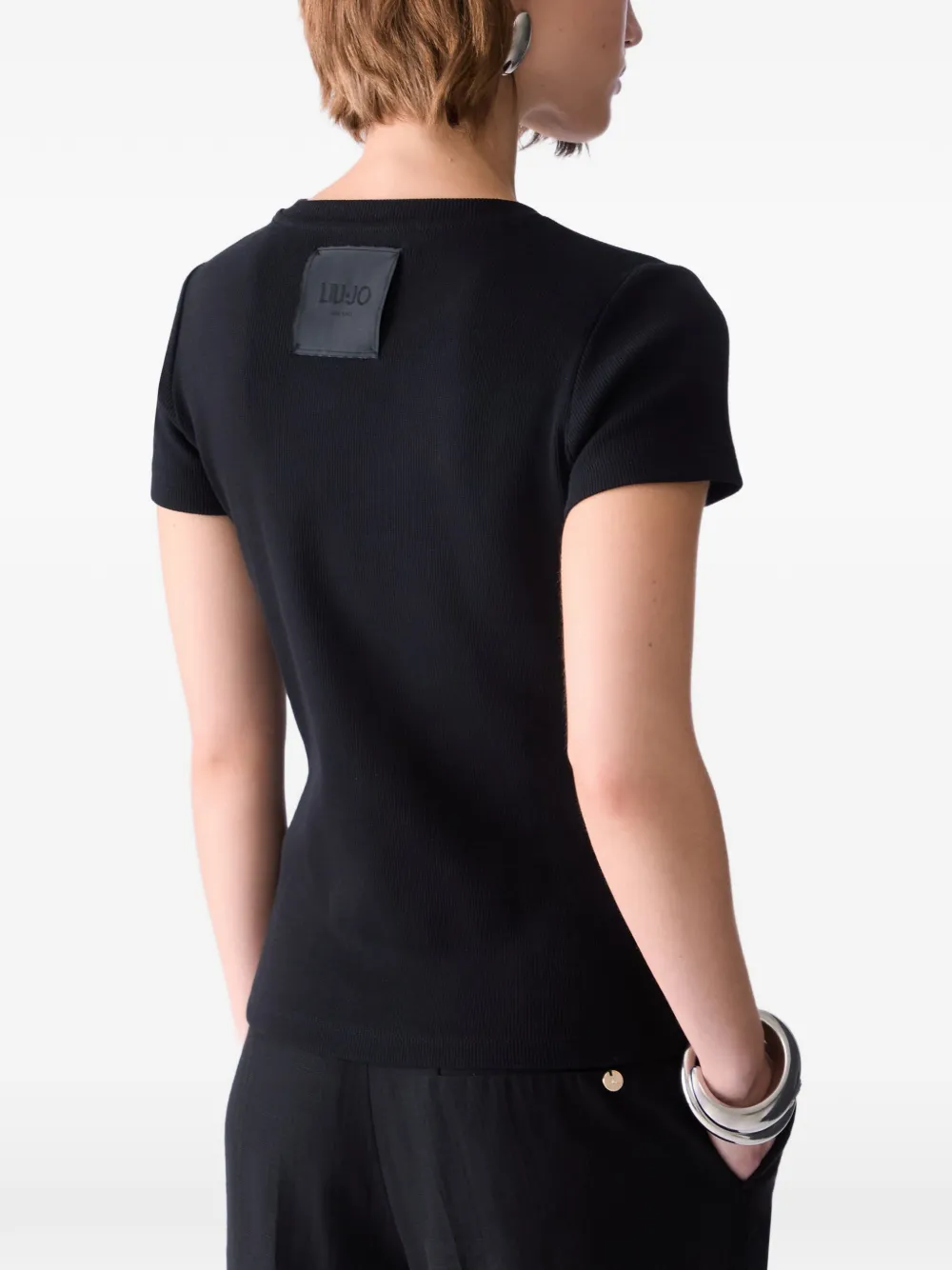 LIU JO Geribbeld T-shirt met logo-patch Zwart