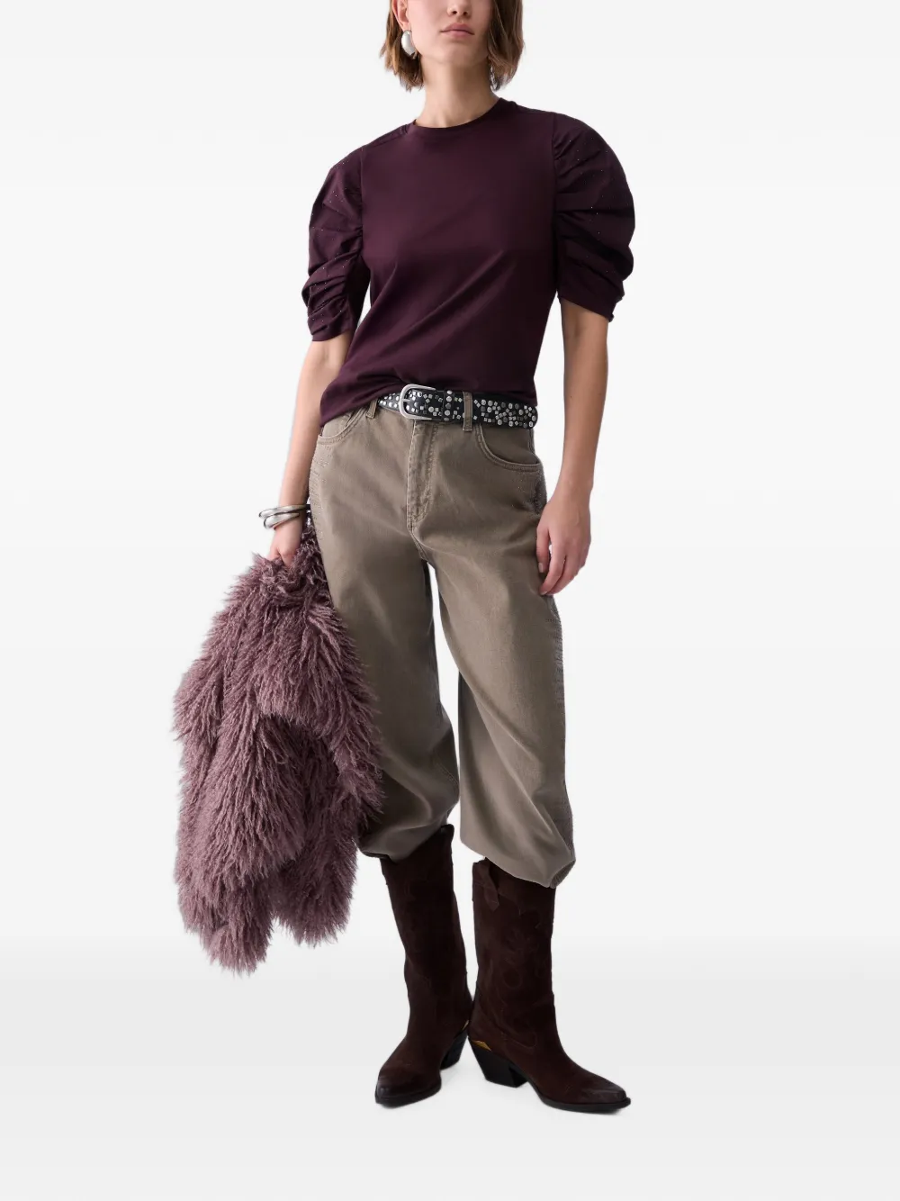 LIU JO Bi-materiaal T-shirt met pofmouwen Paars