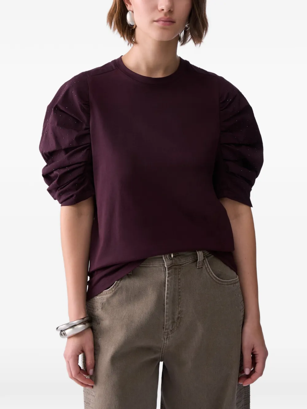 LIU JO Bi-materiaal T-shirt met pofmouwen Paars