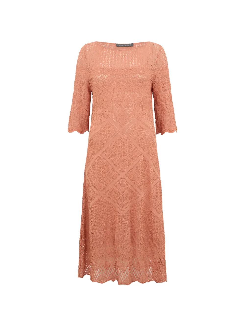 Alberta Ferretti crochet-knit three-quarter sleeve midi dress - Orange