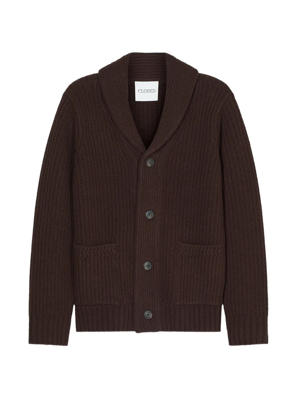 Closed ribbed shawl-collar cardigan - Marrone