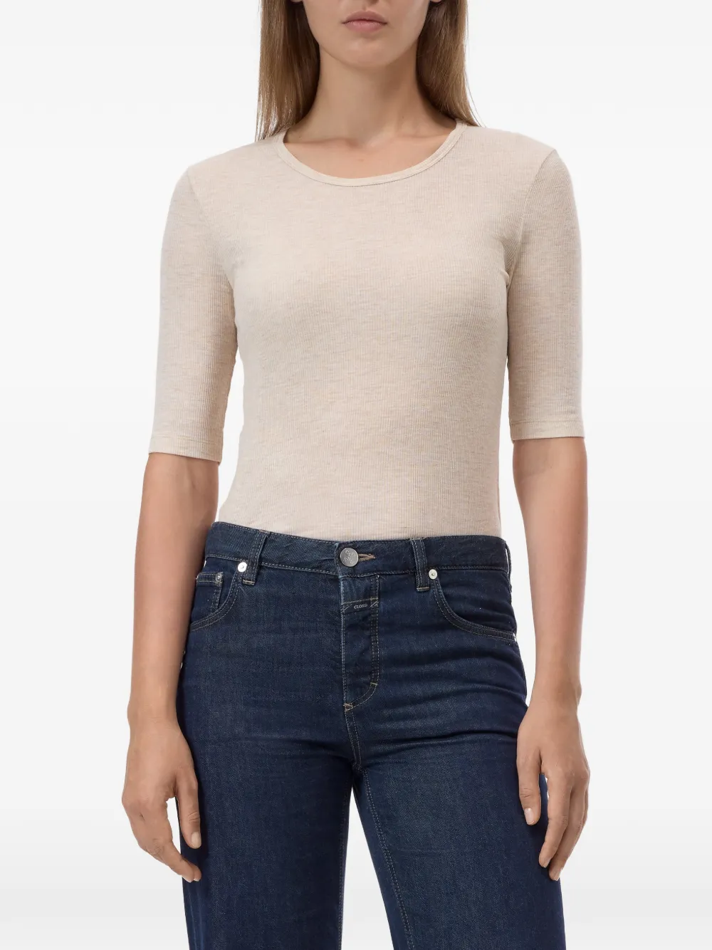 Closed ribbed elbow-sleeve T-shirt Beige