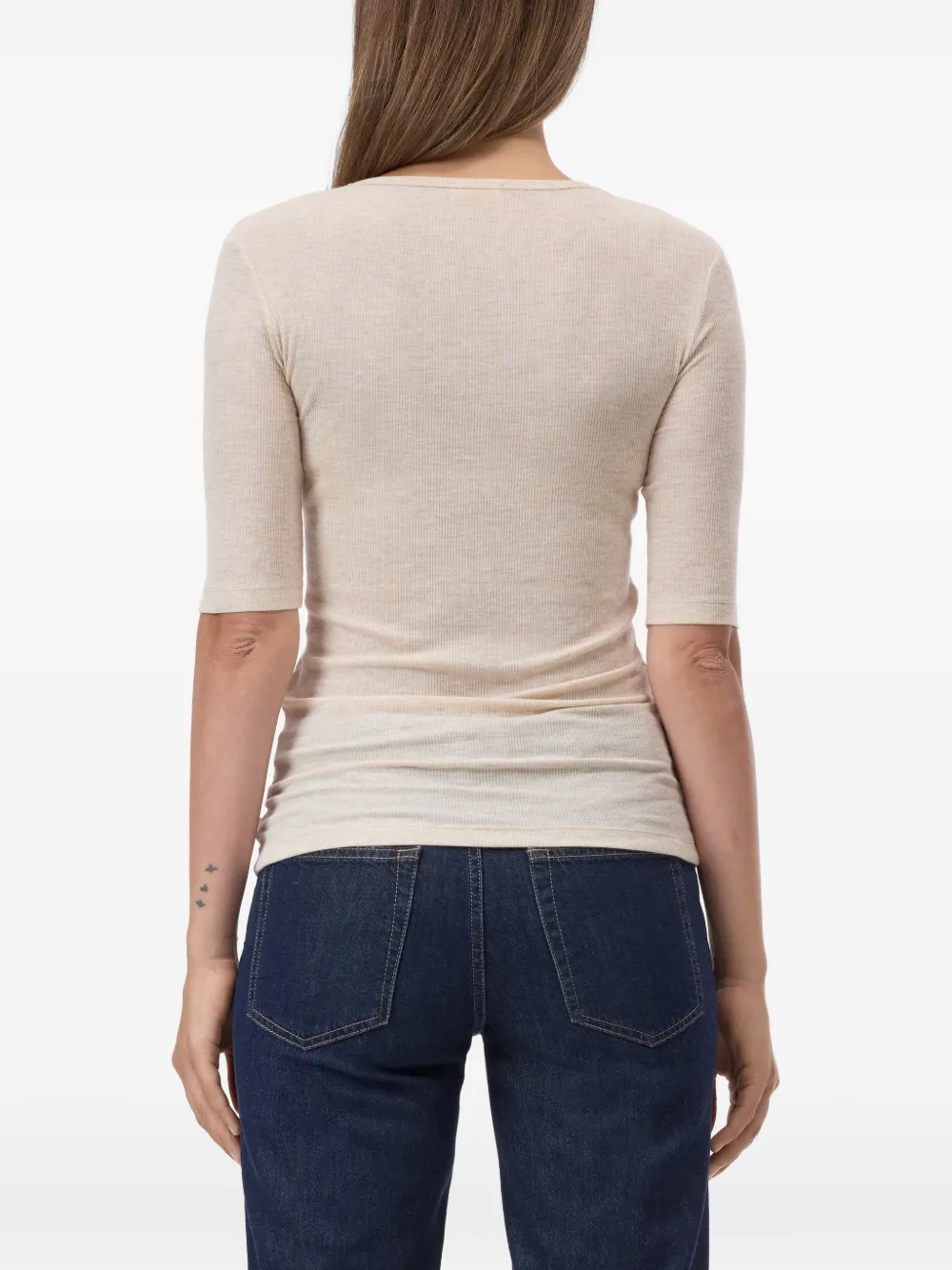 Closed ribbed elbow-sleeve T-shirt Beige