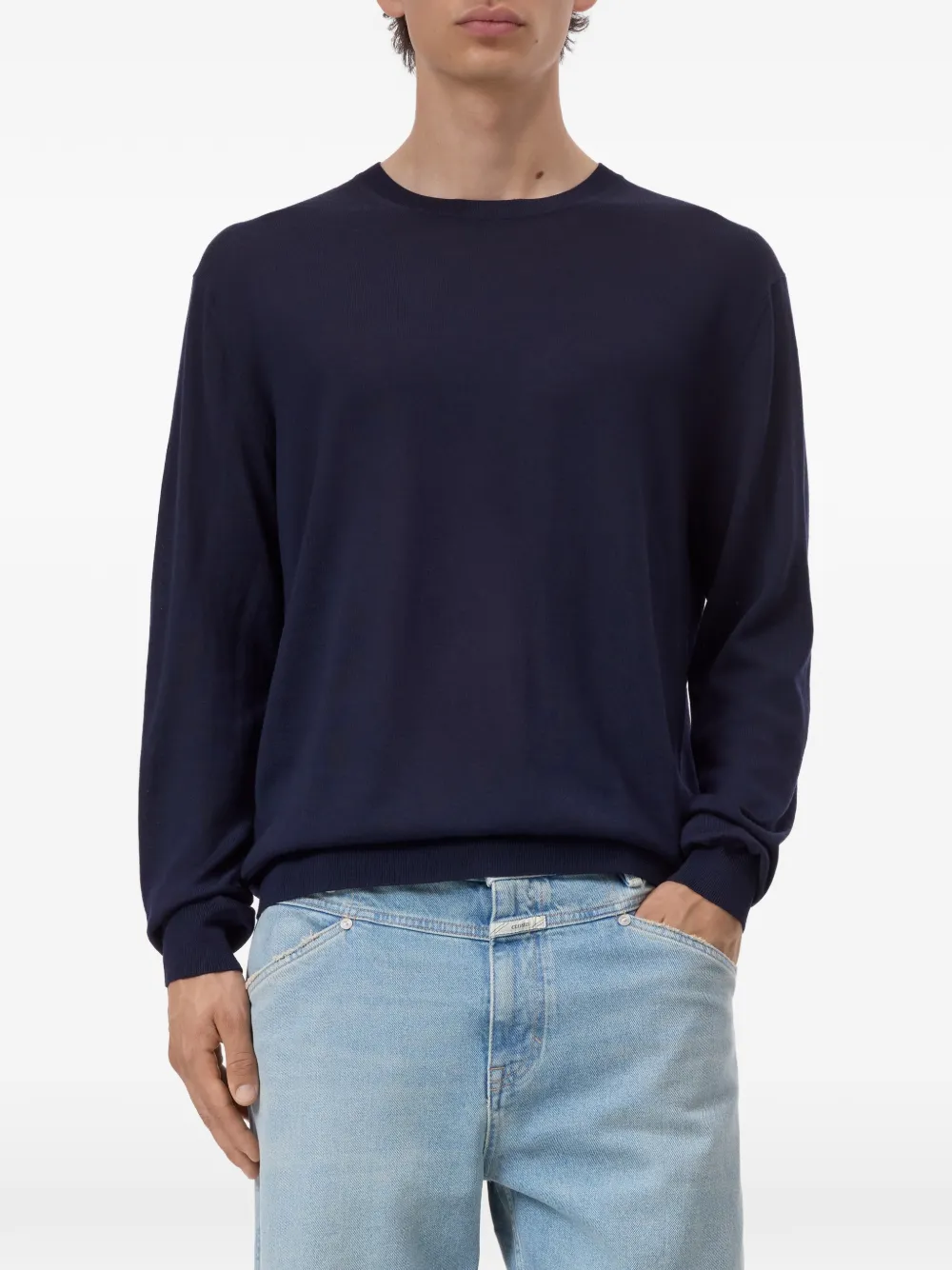 Closed crew-neck organic-wool sweater Blauw