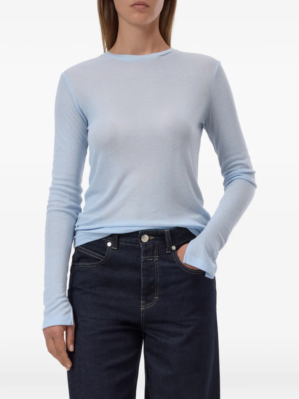 Closed long-sleeve slit-cuff T-shirt Blauw