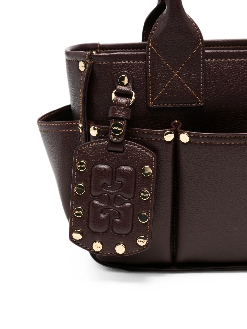 GANNI Posy leren schoudertas met studs Bruin