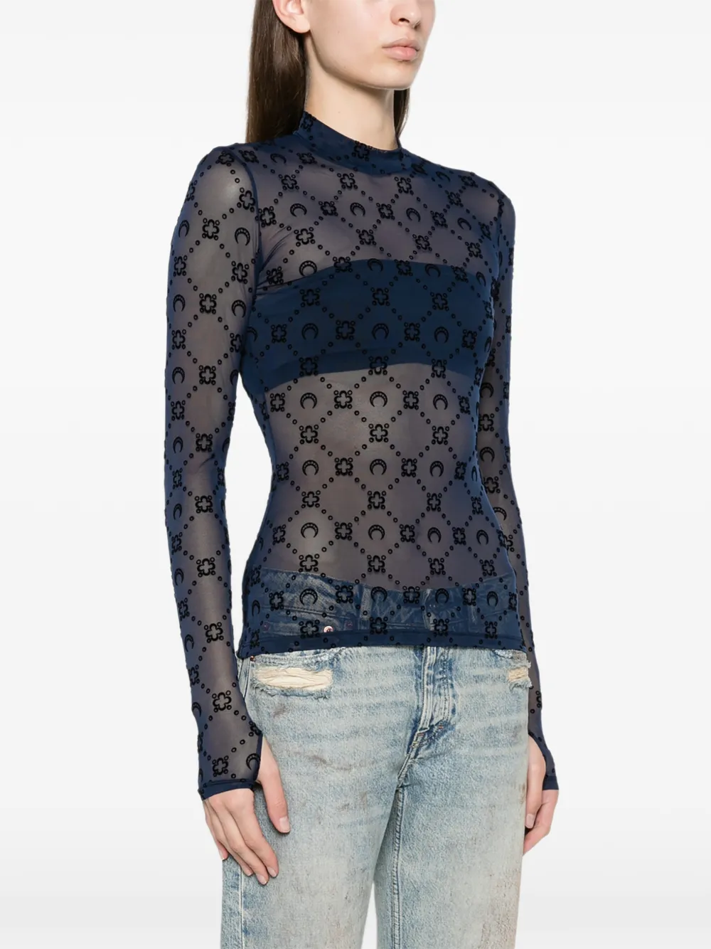Marine Serre Moonogram mesh flock long-sleeve highneck top Blauw