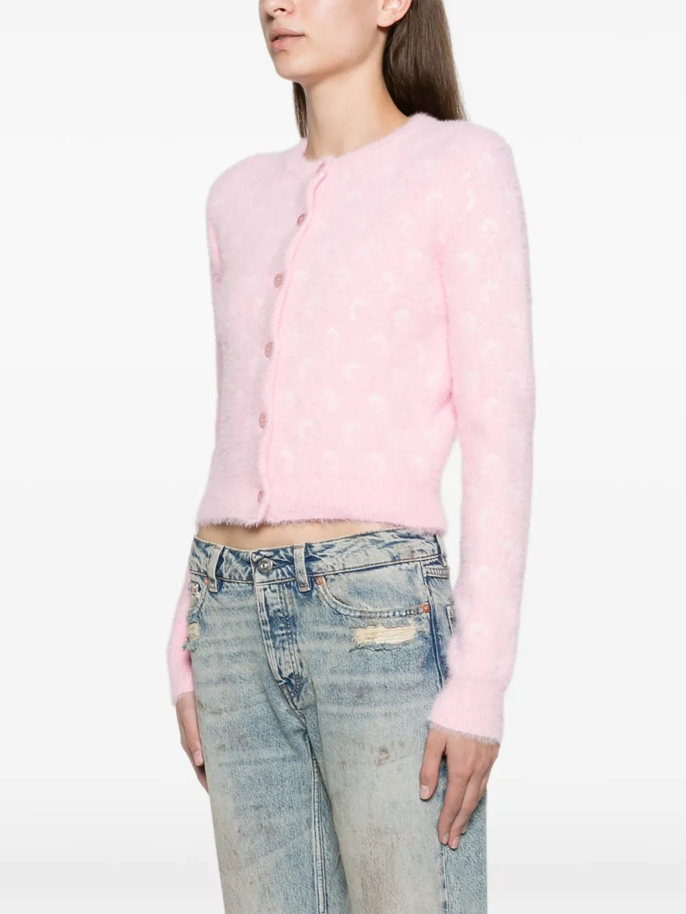 Marine Serre fluffy Moon jacquard knit long sleeves cardigan Roze