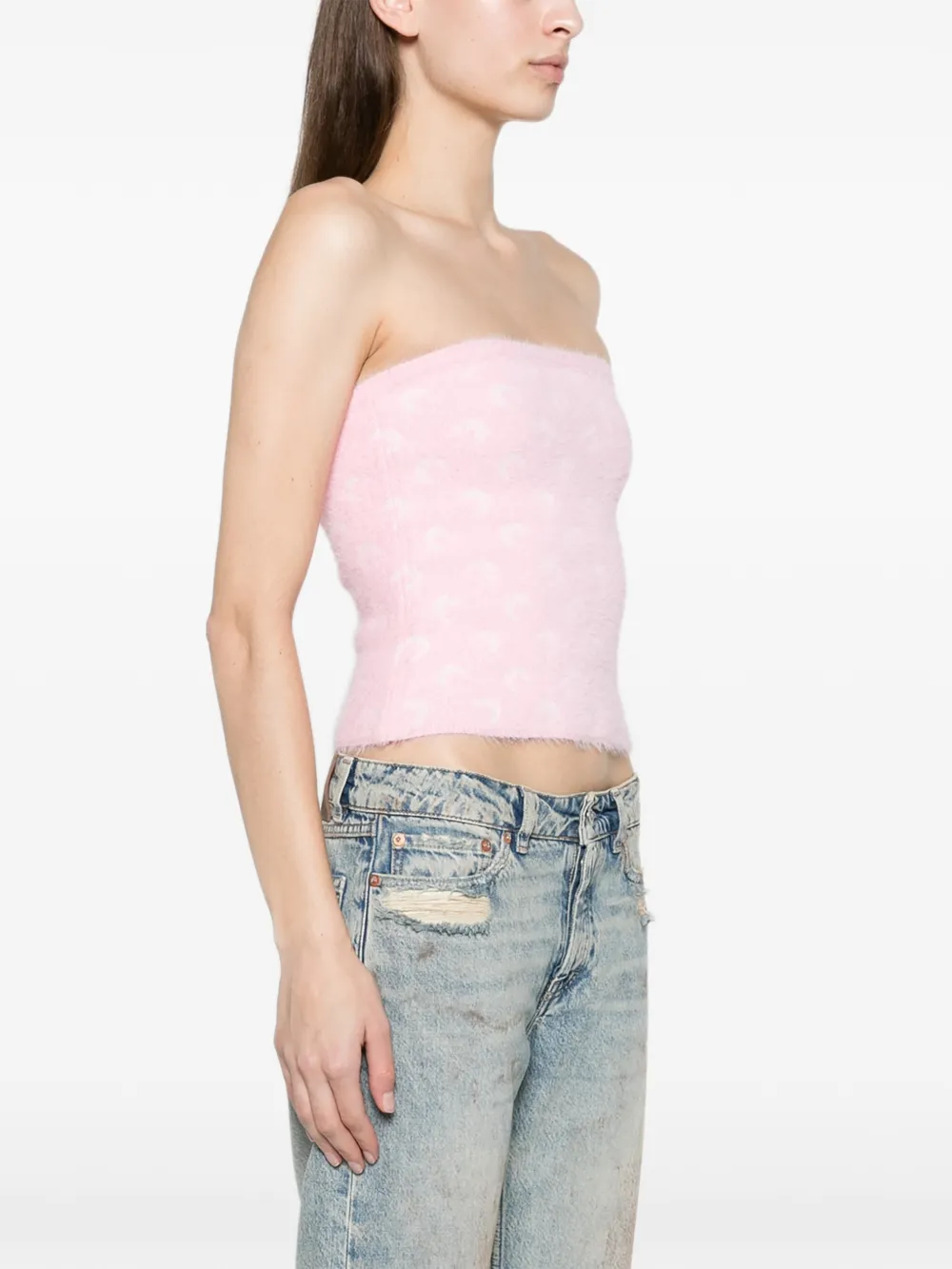 Marine Serre fluffy Moon jacquard knit bustier top Roze