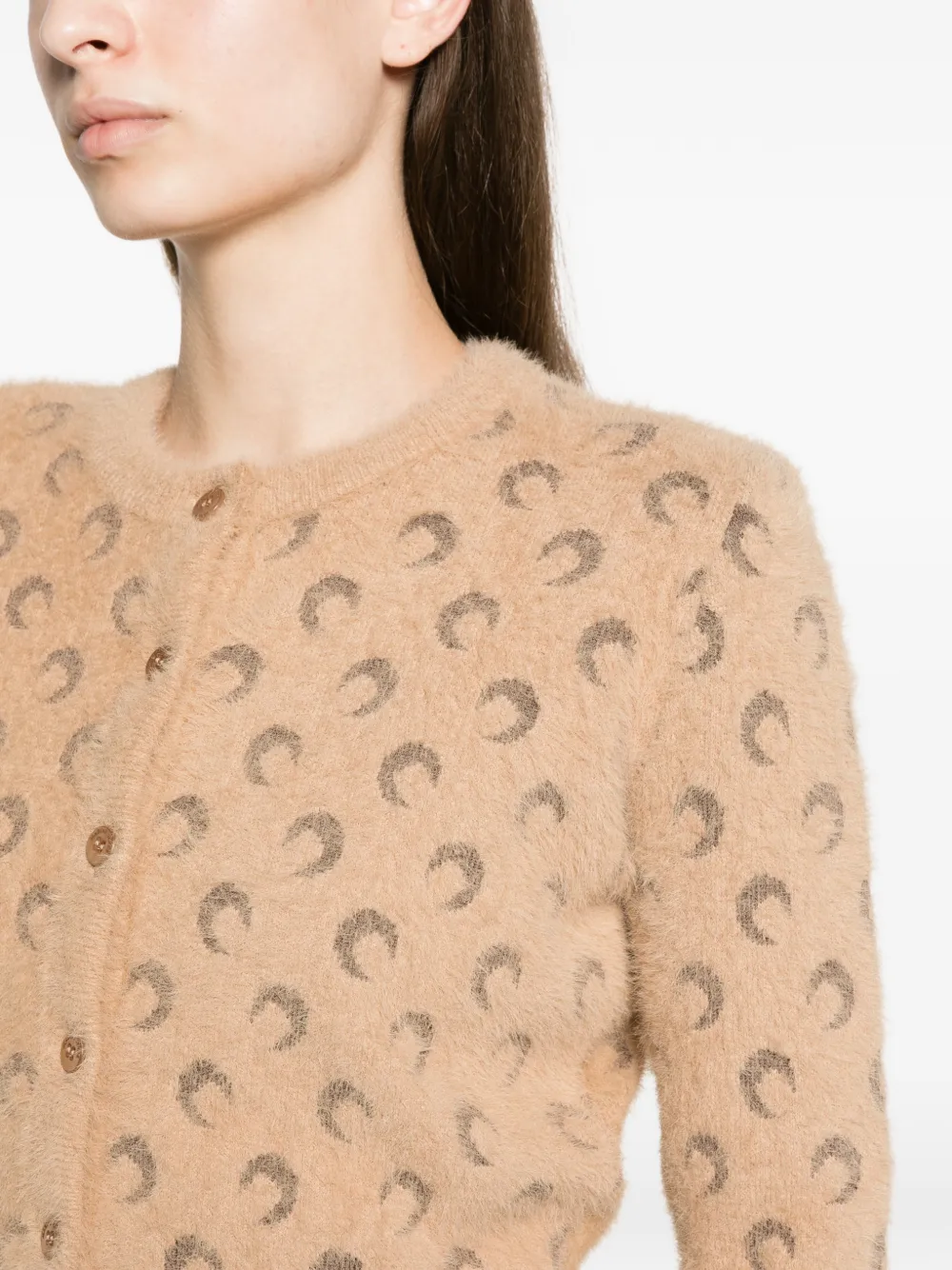 Marine Serre fluffy Moon jacquard knit long sleeves cardigan Beige