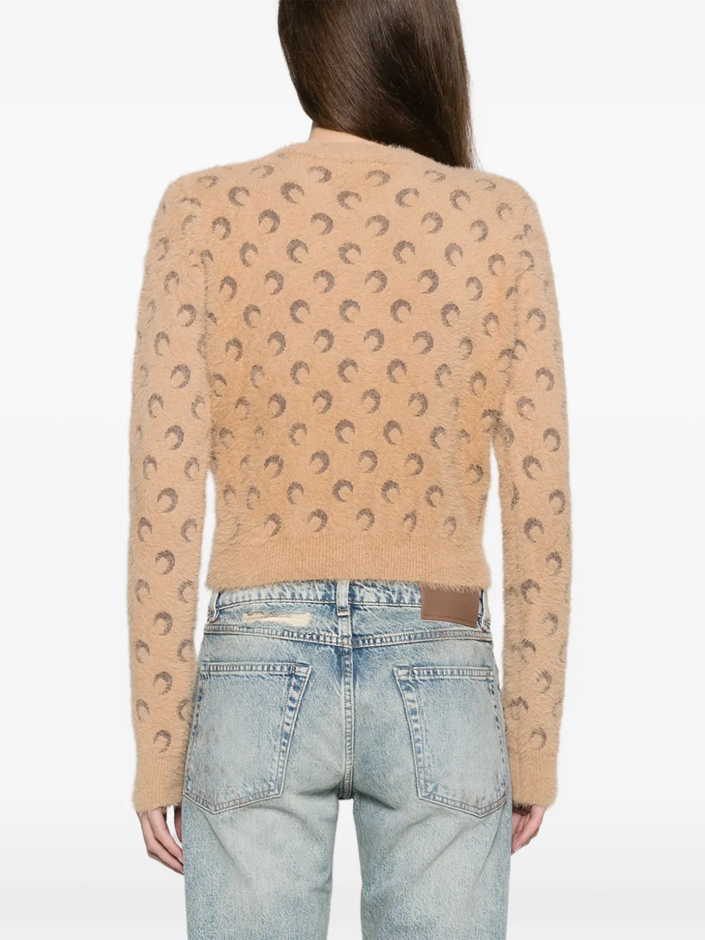 Marine Serre fluffy Moon jacquard knit long sleeves cardigan Beige
