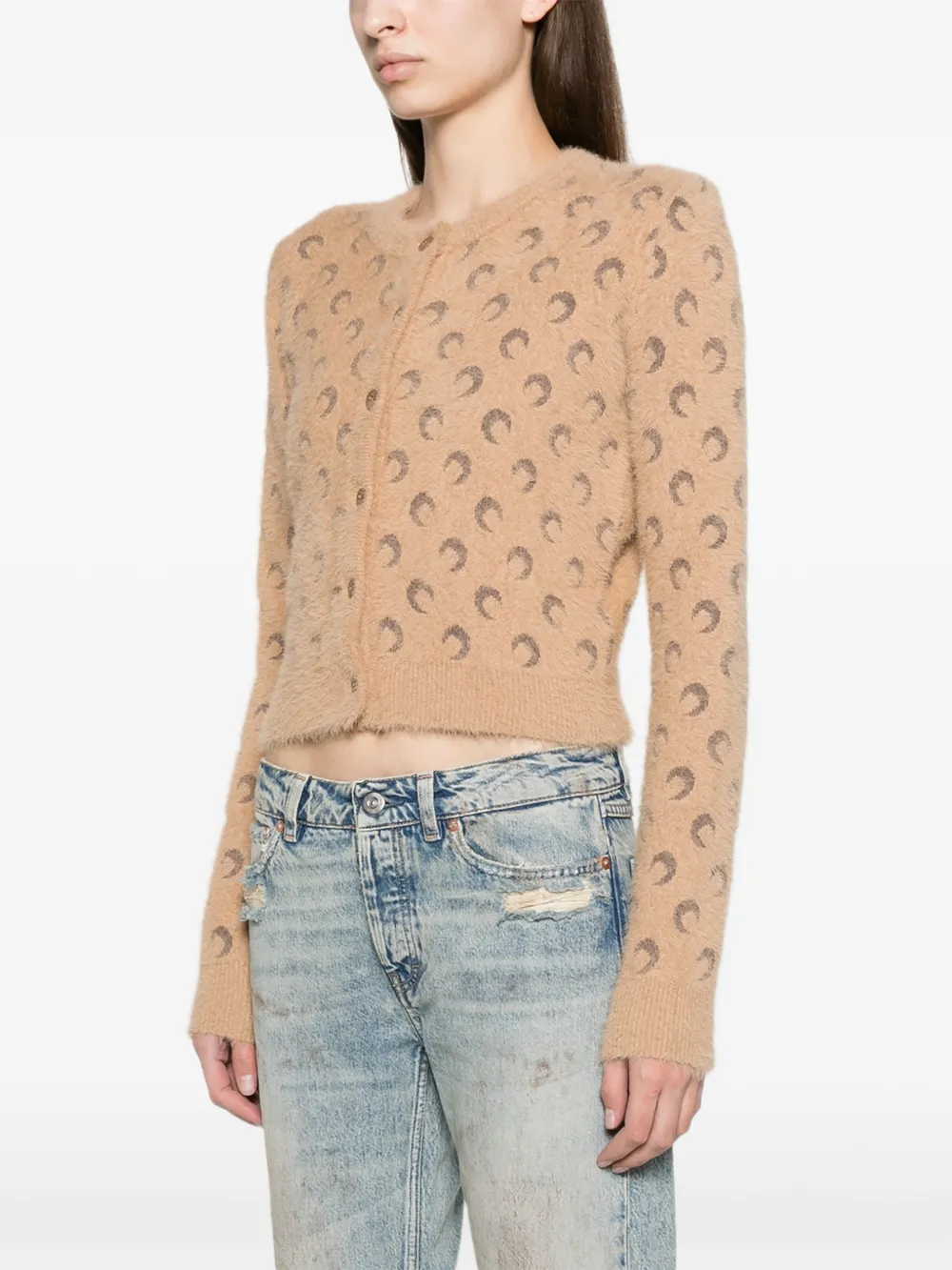Marine Serre fluffy Moon jacquard knit long sleeves cardigan Beige