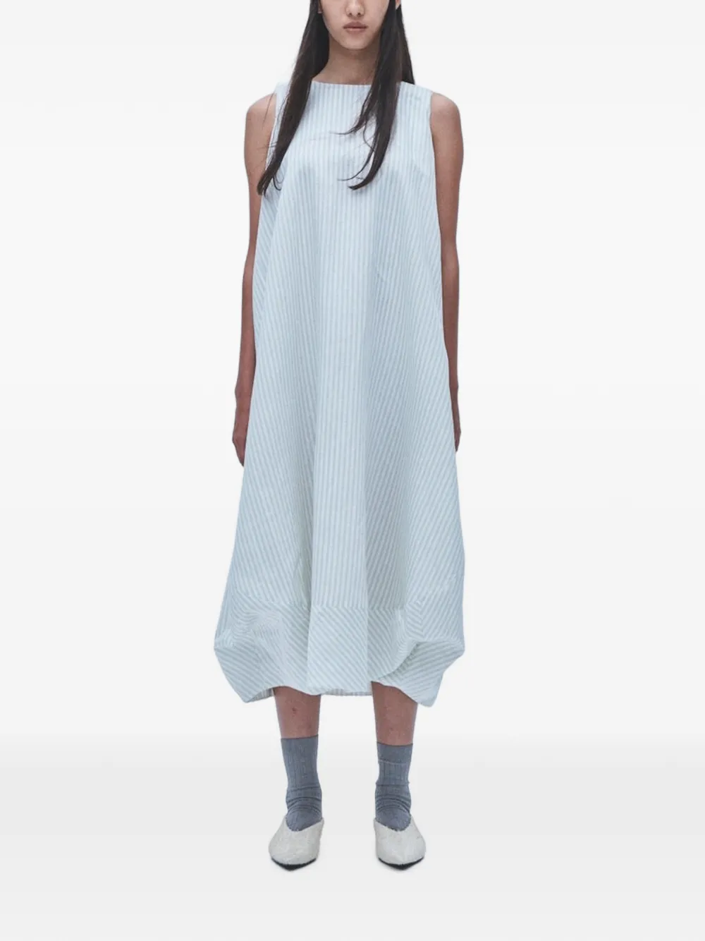 Muller Of Yoshiokubo stripe-print balloon-silhouette midi dress - Blu