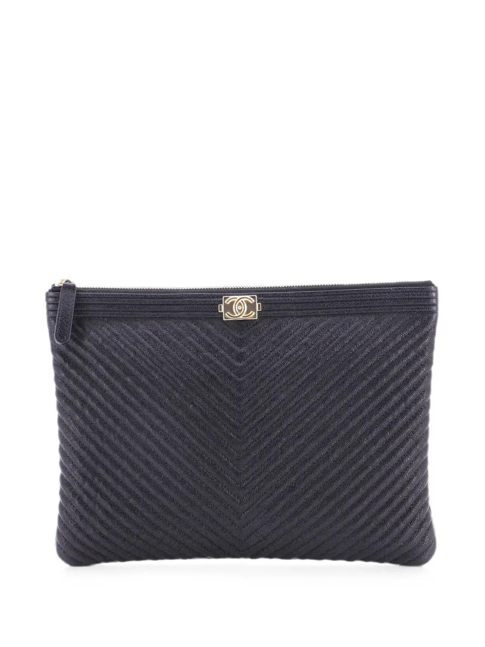 CHANEL Pre-Owned Clutch Boy O Case media in pelle Caviar con motivo chevron - Nero