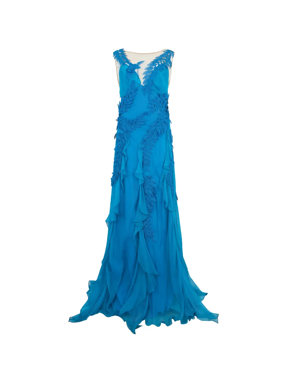 Alberta Ferretti leaf-applique ruffled maxi dress - Blue