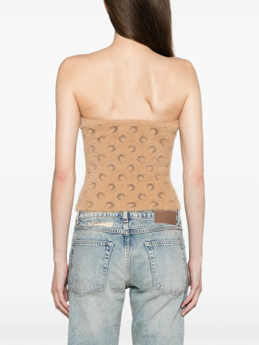 Marine Serre fluffy Moon jacquard knit bustier top Beige