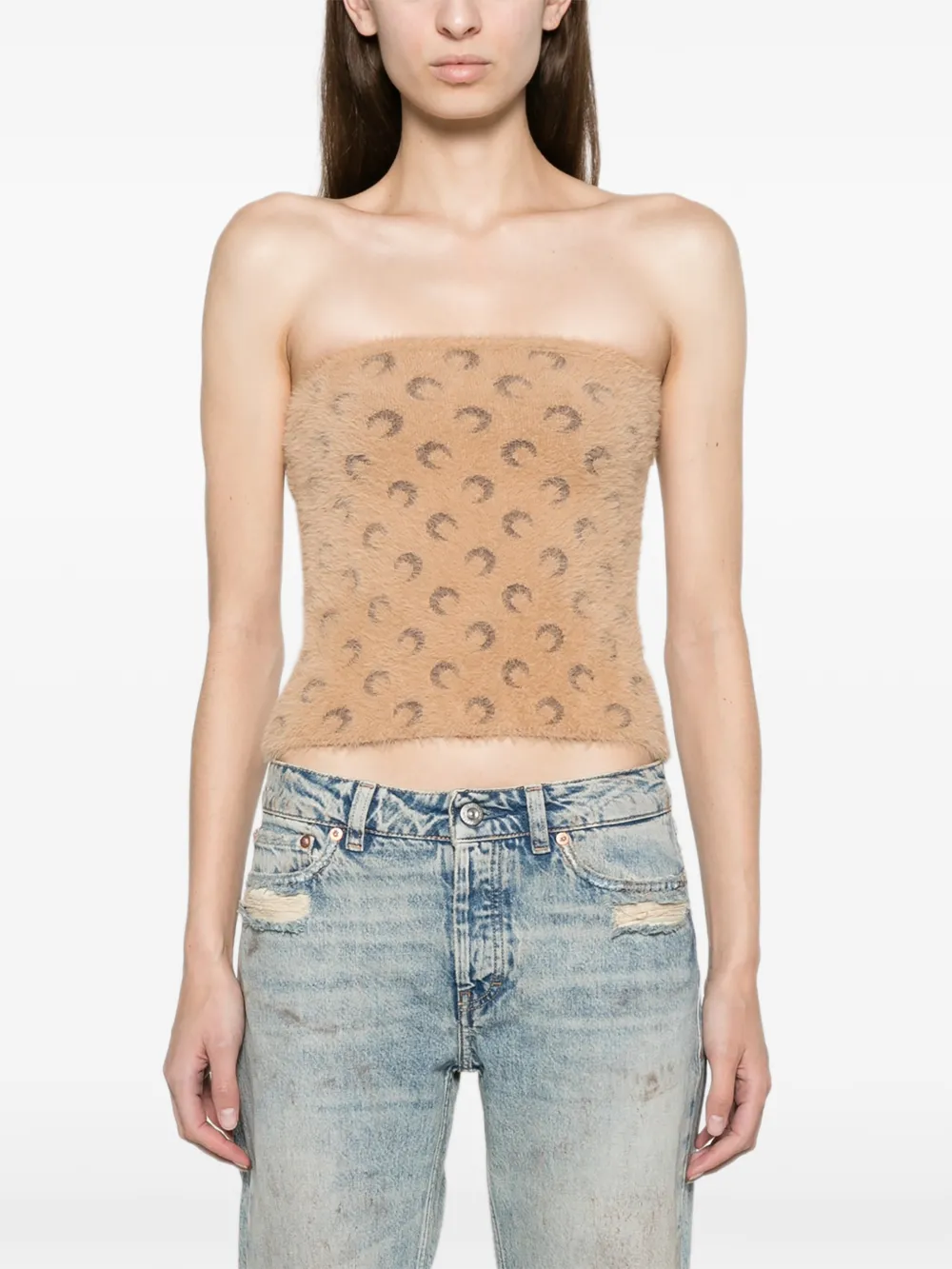 Marine Serre fluffy Moon jacquard knit bustier top Beige