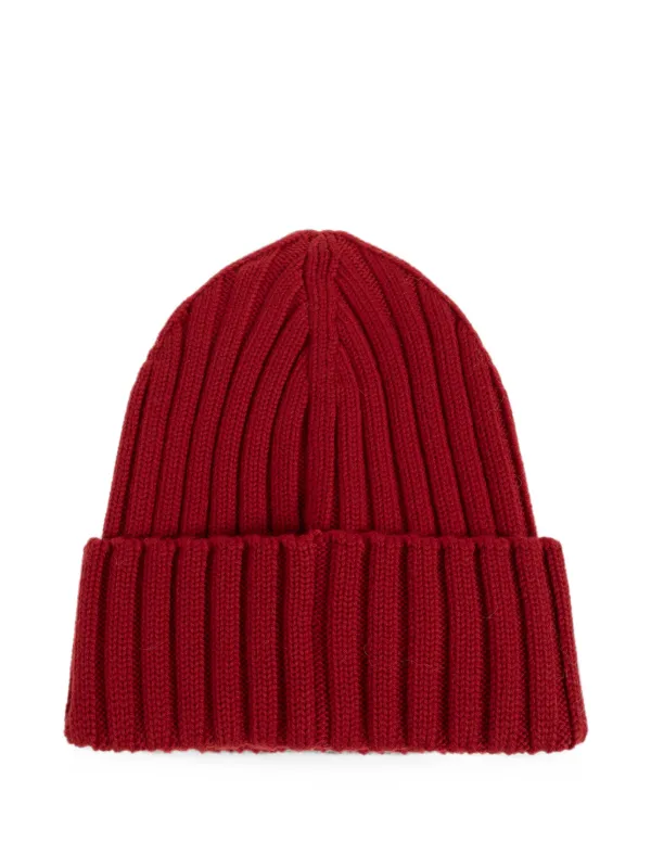 Moncler logo-patch ribbed-knit Beanie Hat | Red | FARFETCH