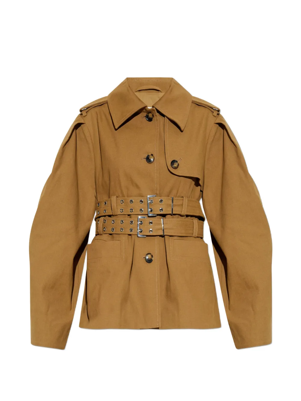 GANNI double-belted pleated-sleeve coat - Marrone