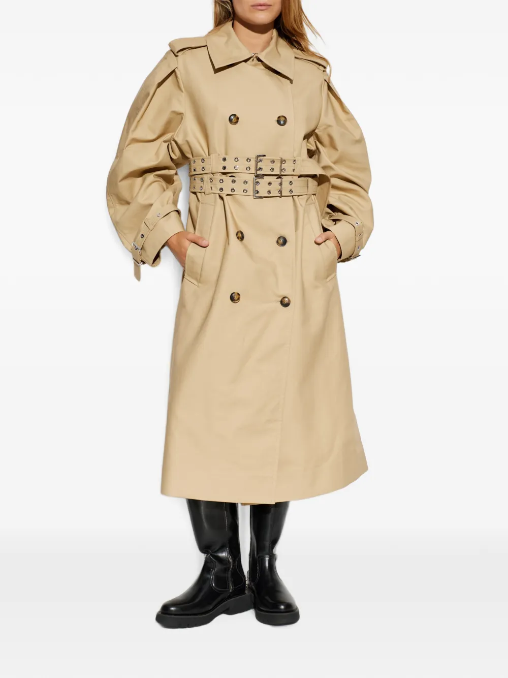 GANNI Trenchcoat met dubbele rij knopen en ceintuur Beige