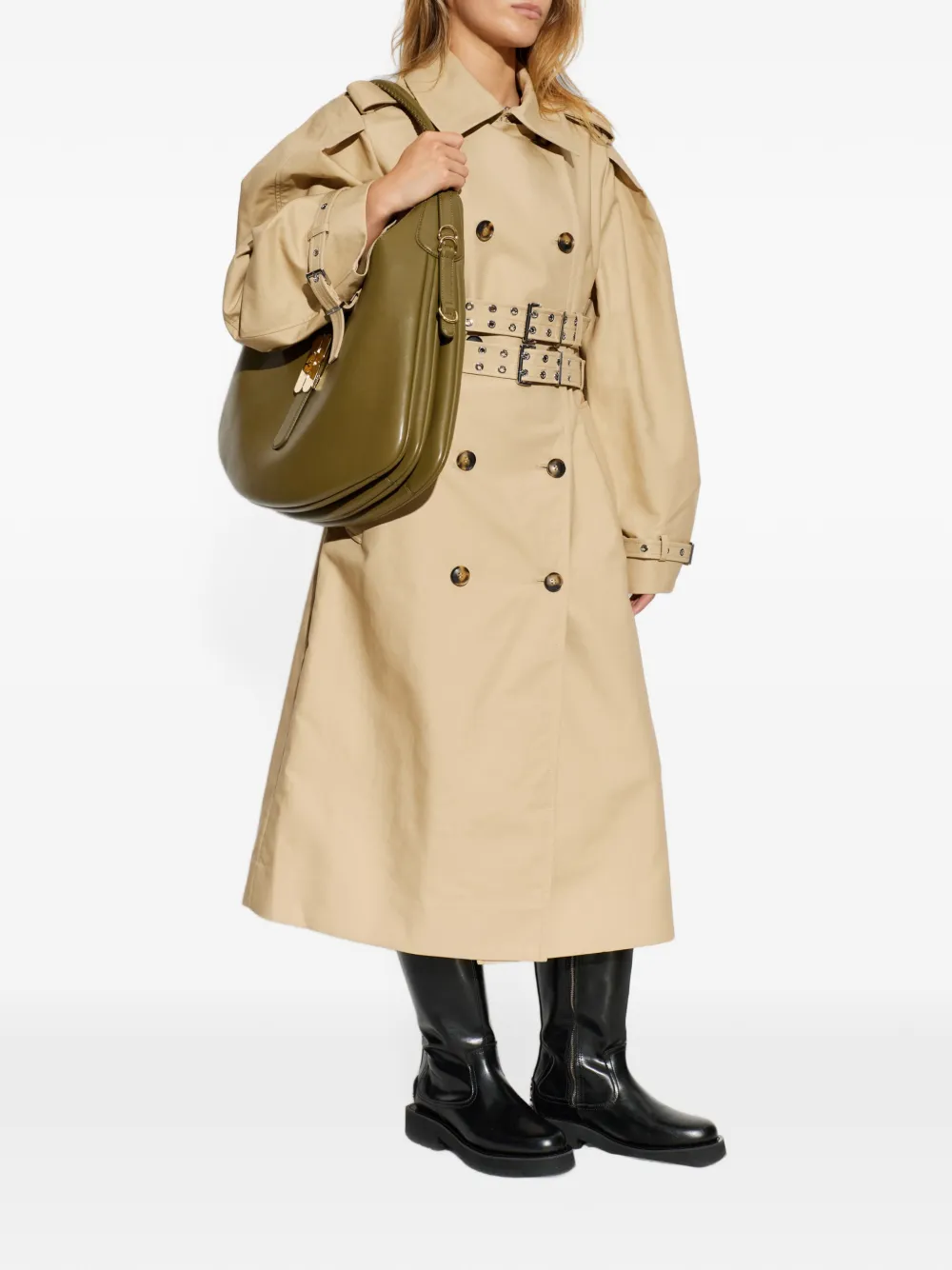 GANNI Trenchcoat met dubbele rij knopen en ceintuur Beige