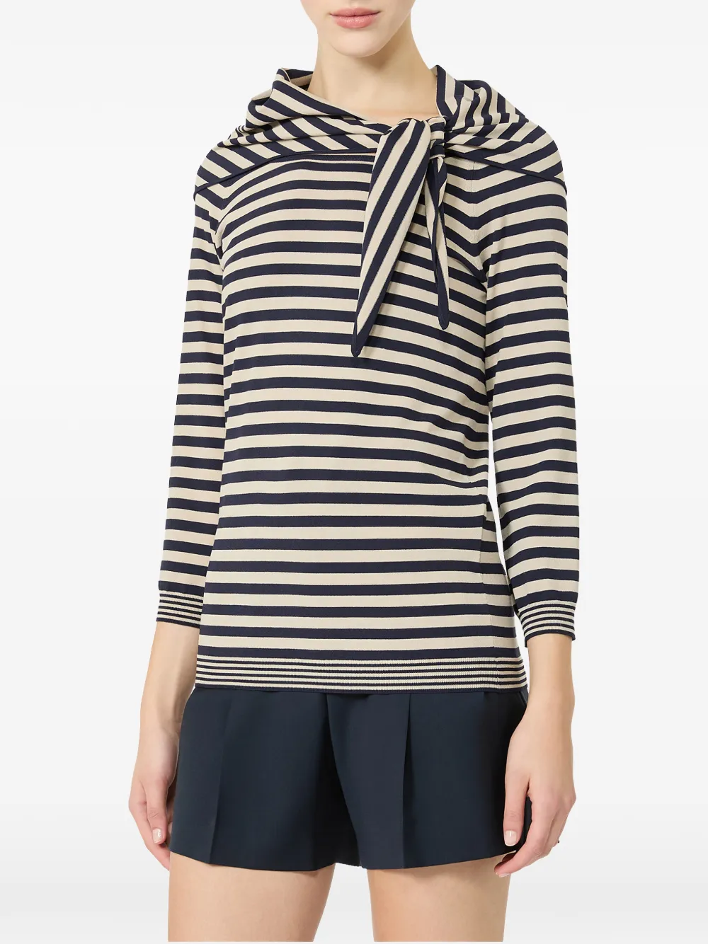 Max Mara Gestreepte top met gestrikte hals en kwartmouwen Zwart
