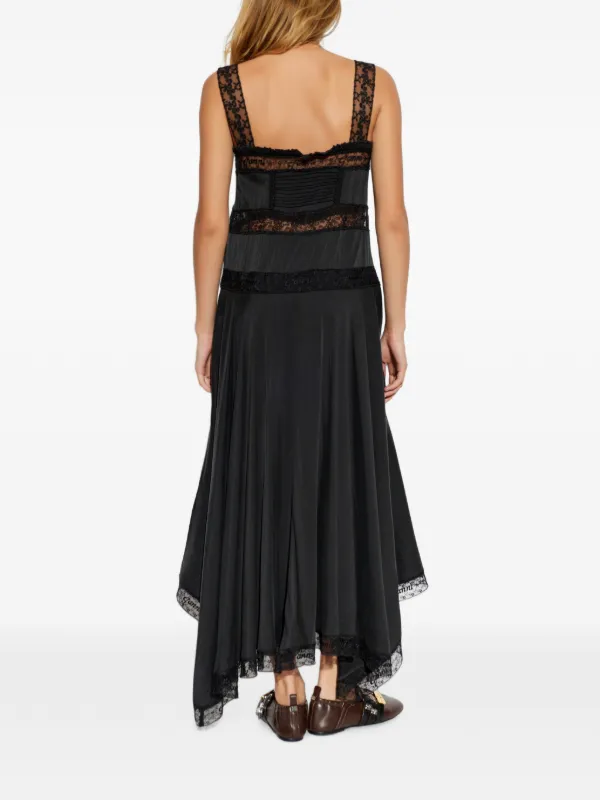 ganni pleated satin dress black GANNI lace-trim Pleated Midi Dress | Black