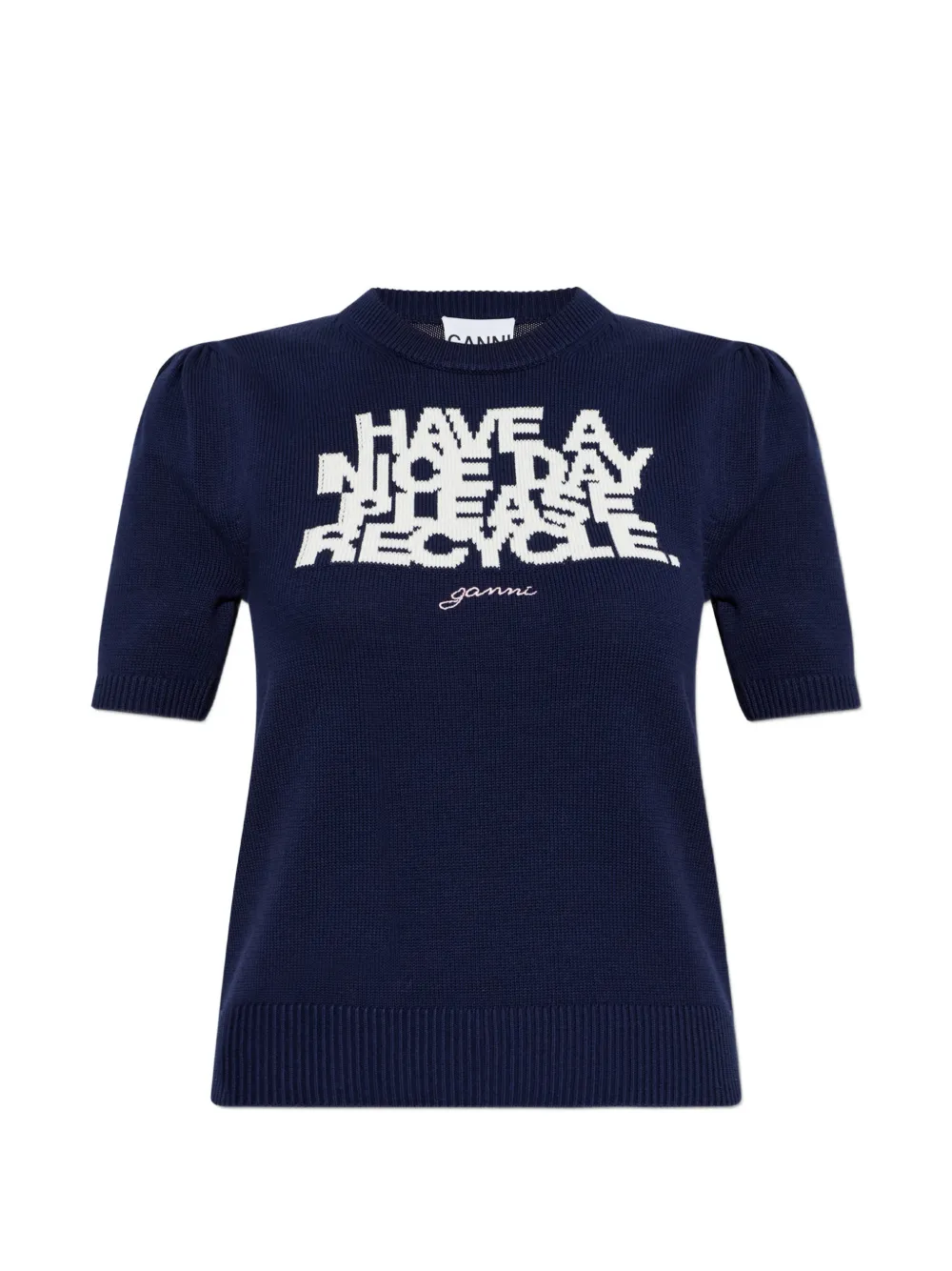 GANNI slogan-print puff-sleeve T-shirt - Blu