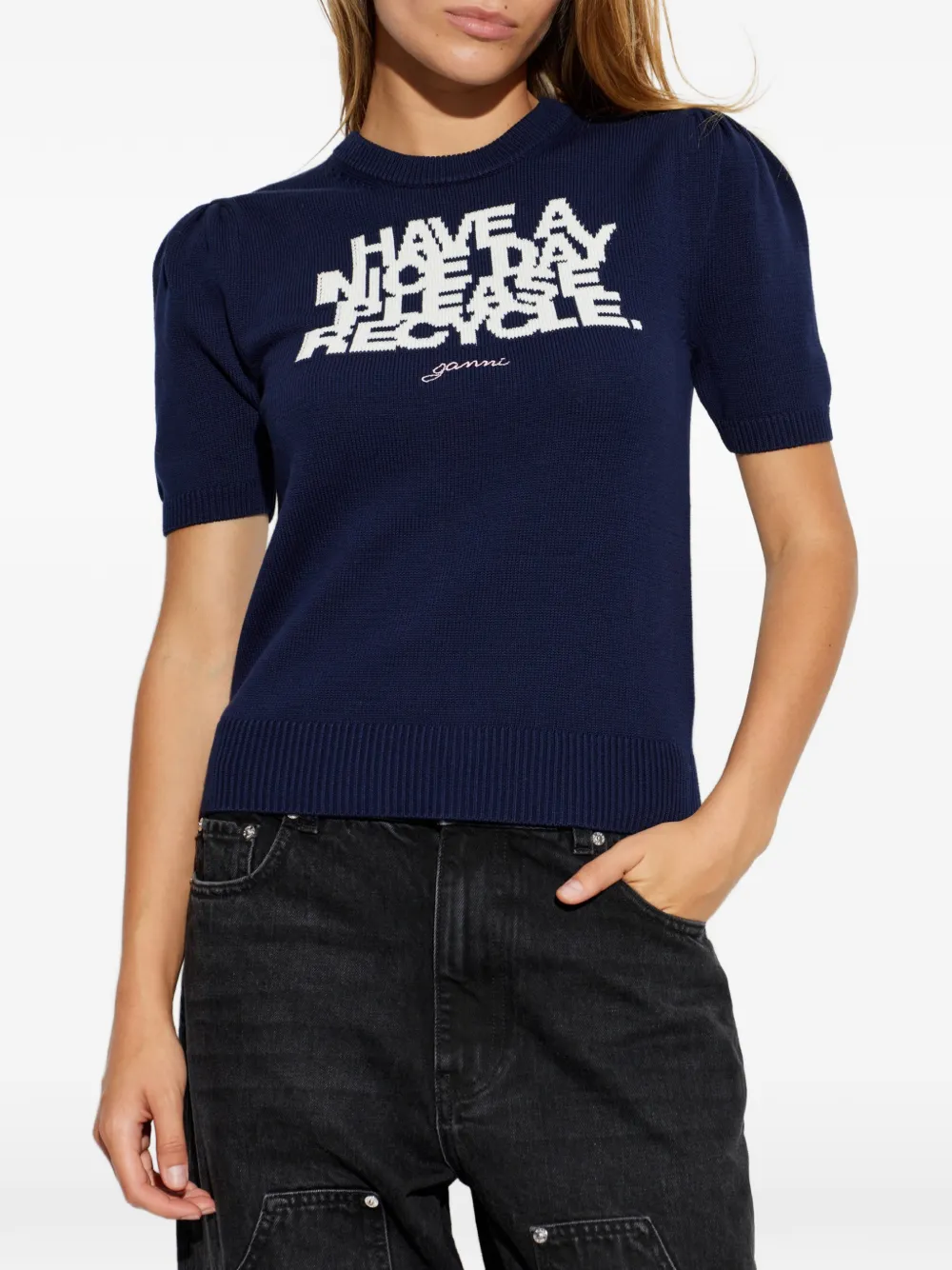 GANNI T-shirt met tekst en pofmouwen Blauw