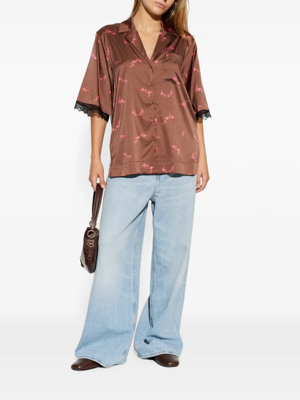 GANNI Blouse met bloemenprint en kanten afwerking Bruin