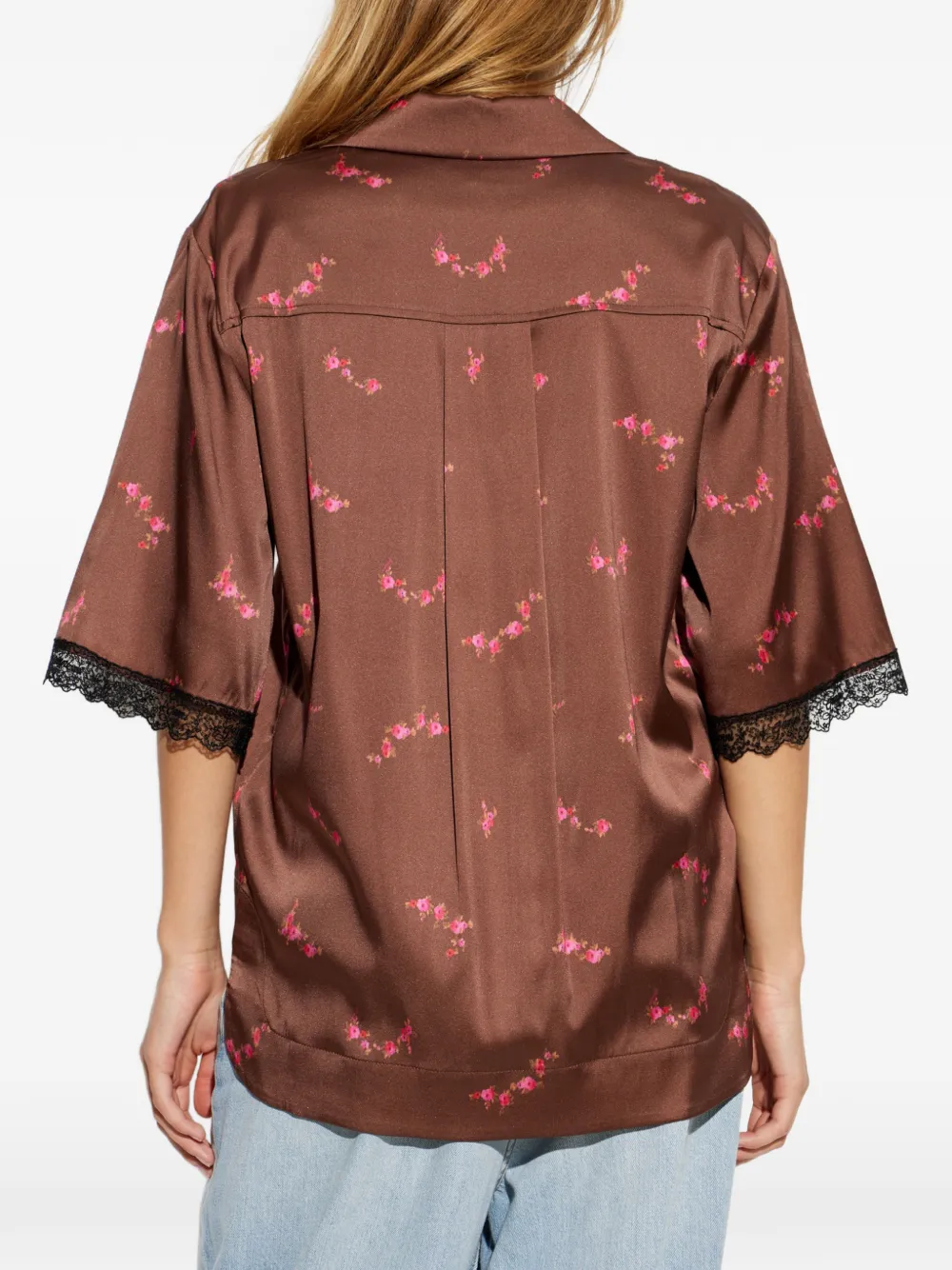GANNI Blouse met bloemenprint en kanten afwerking Bruin