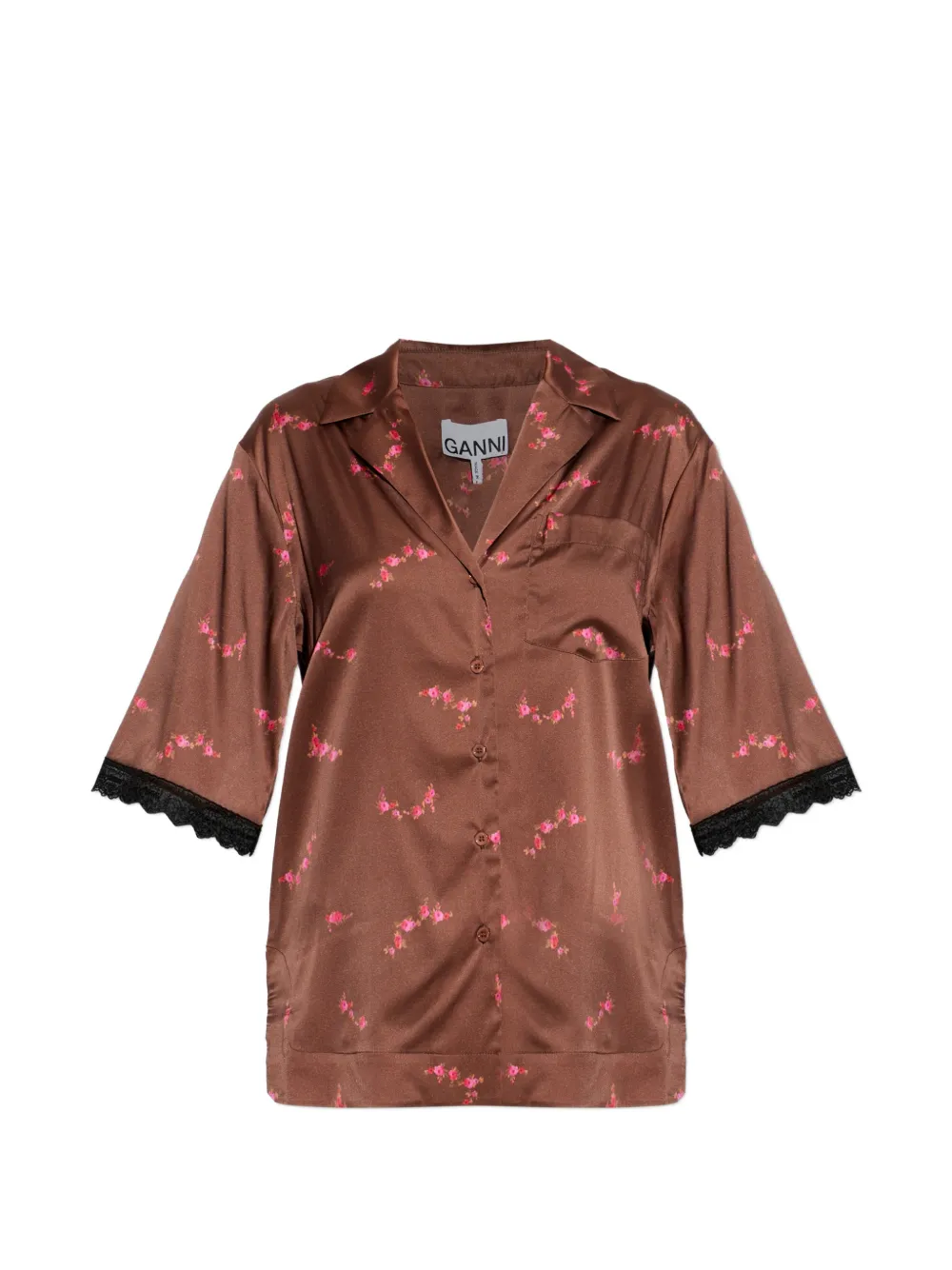 GANNI floral-print lace-trim shirt - Marrone