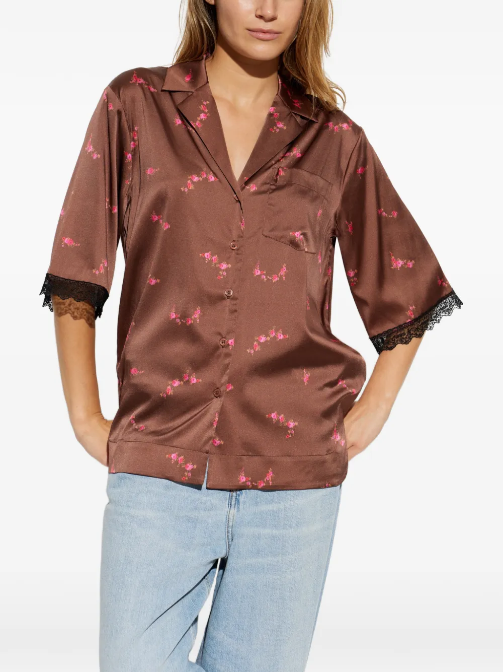 GANNI Blouse met bloemenprint en kanten afwerking Bruin