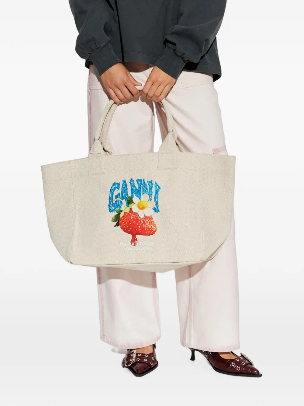GANNI Cotton Tote Bag in Neutrals, view 2