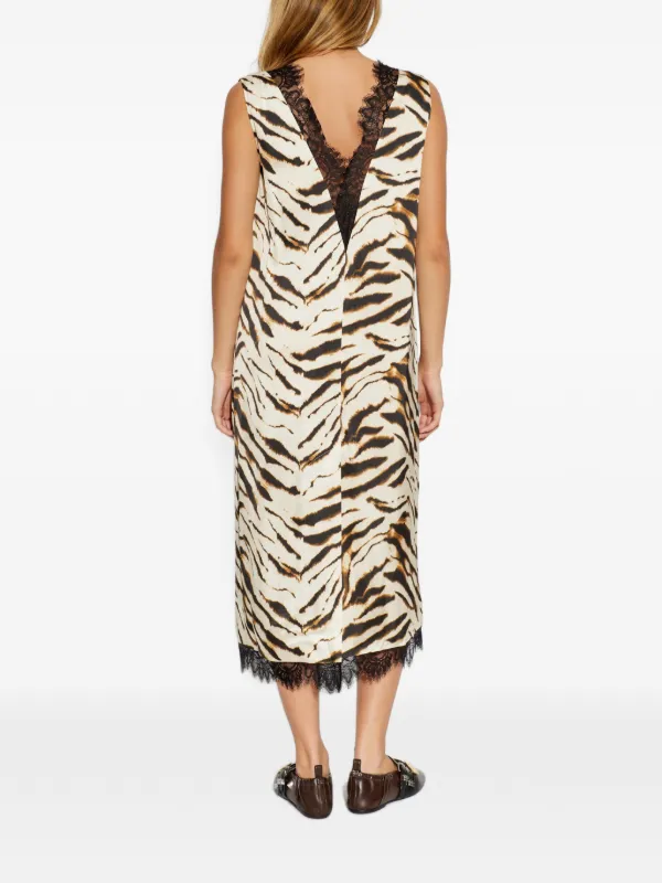 tiger stripe midi dress GANNI tiger-print lace-trim Midi Dress | Neutrals