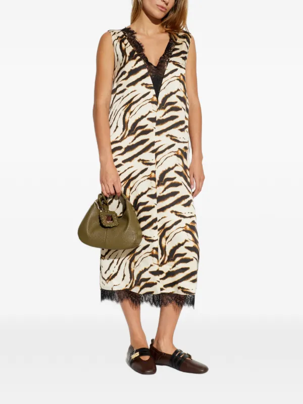 tiger midi dress Tibetan Tiger Block Print Dress, Deep Neck Midi Dress